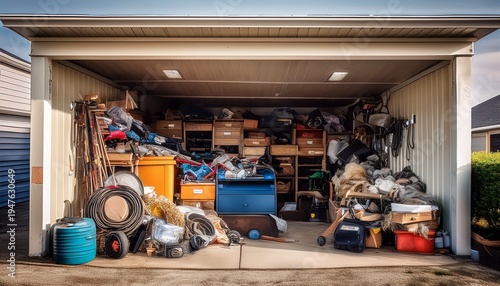 messy clutter in suburban garage clutter household junk disorganized messy garage suburban chaos cluttered storage