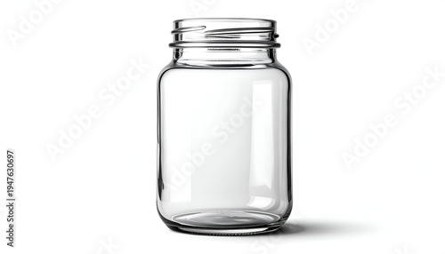 A clear, empty glass jar on a white background. It has a screw-top opening and casts a subtle shadow