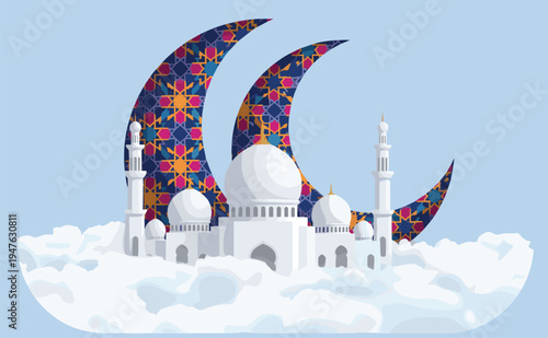 Colorful crescent moons with geometric patterns surrounding mosque, clouds, vibrant Islamic celebration artwork design