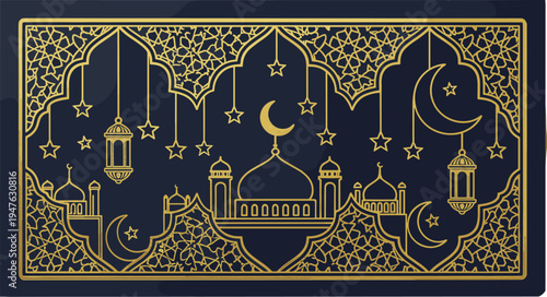 Golden mosque with lanterns, crescent moons, stars, geometric Islamic patterns, festive Ramadan and Eid artwork