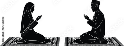 Muslim man and woman praying on rugs, silhouette devotion artwork, Islamic spiritual cultural design