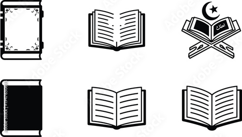 Islamic book icons with Quran stand, crescent moon, open and closed stylized educational designs