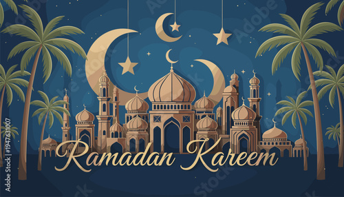 Ramadan Kareem golden mosque with palm trees, crescent moons, lanterns, festive Islamic celebration artwork