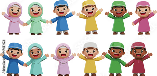 Cartoon children in traditional clothing holding hands, celebrating friendship, unity, diversity, joyful cultural artwork