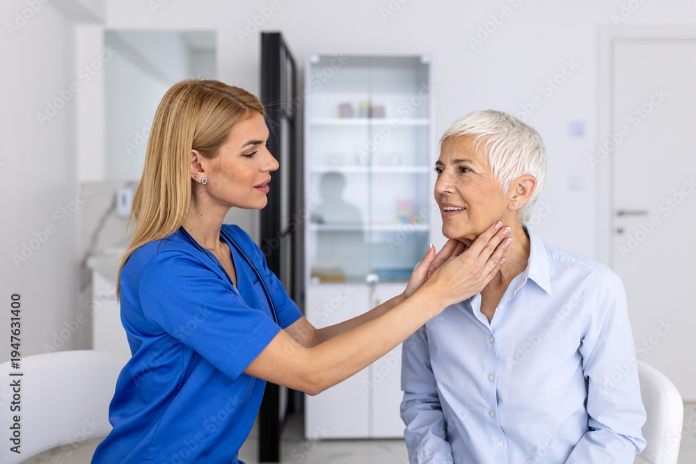 Obraz premium Female Doctor Examining Senior Patient's Neck and Thyroid Glands, Professional Medical Palpation for Glandular Health, Healthcare Diagnostic Screening for Elderly Woman.
