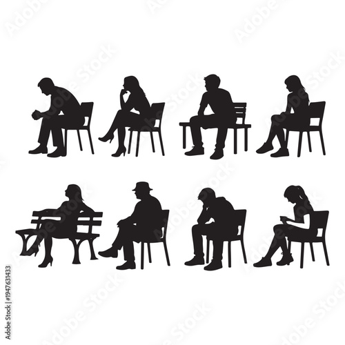 Silhouettes of Men, Women, and Teenagers Sitting on Benches and Chairs