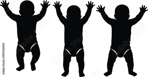 Three baby silhouettes with arms raised in a playful gesture on a white background child infant