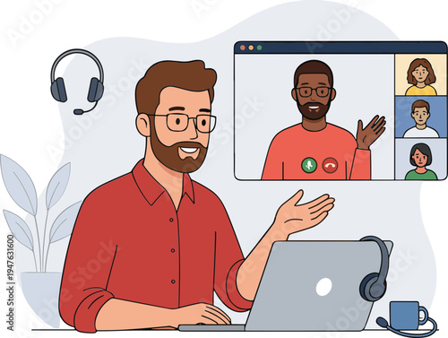 Man in red shirt virtually meeting with colleagues online via laptop