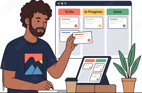 A man presenting a task on a sticky note in front of a large computer screen with a to-do list.