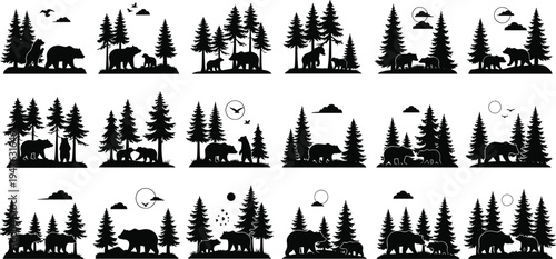 Black and white vector illustration of a howling wolf with moon and forest trees, wild animal silhouette, isolated on white.
