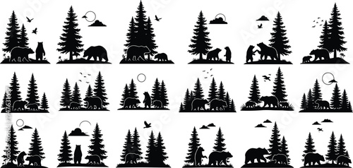 Black and white vector illustration of a howling wolf with moon and forest trees, wild animal silhouette, isolated on white.