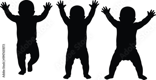 Three black silhouette figures of babies with arms raised in excitement infants toddlers