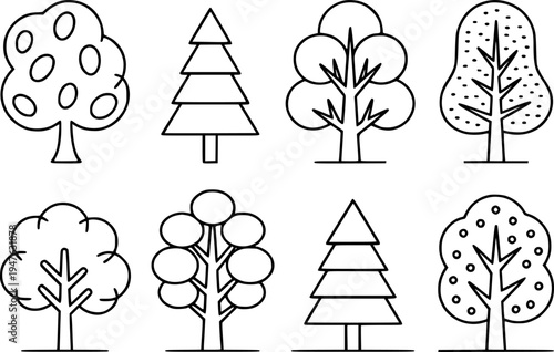 Collection of simple line trees with varied foliage shapes and fruit details nature