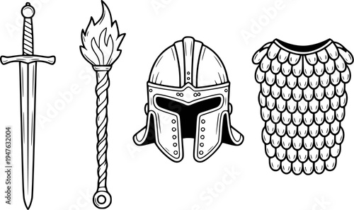 Medieval Warrior Gear Set Sword Torch Helmet Armor Isolated White