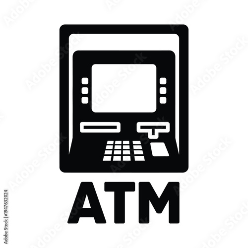 A simple black and white glyph depiction of an automated teller machine with the letters atm below it high quality professional detailed modern elegant