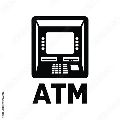 A simplified black and white vector illustration depicts a modern atm machine with its label clearly shown below high quality professional detailed elegant stylish clean crisp