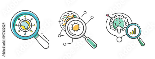 AI research icons with magnifying glass and brain symbolizing data analysis and discovery.