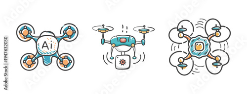 AI powered drone icons representing autonomous flight and aerial technology.