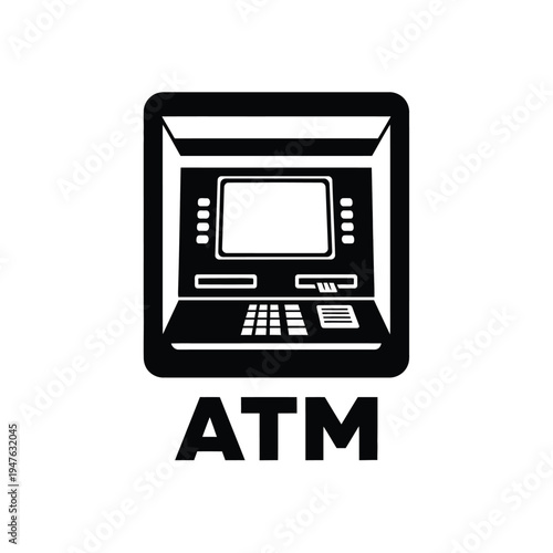 A simplified black and white illustration depicts an automatic teller machine with the label atm underneath it high quality professional detailed modern elegant stylish clean crisp