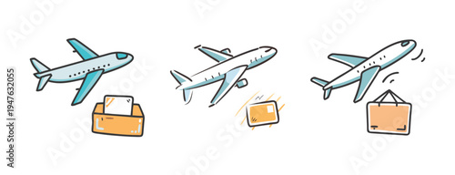 Doodle style airplanes delivering packages and boxes via air freight transportation