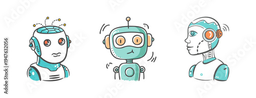 Creative doodle robots with exposed brains and circuits, representing AI and intelligence