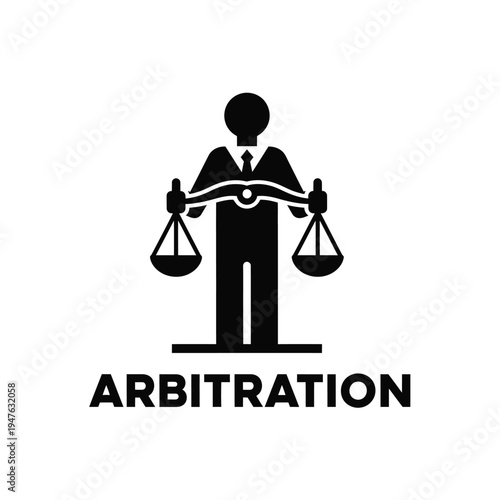 A stylized black silhouette depicts a person holding scales of justice representing arbitration and legal fairness concepts high quality professional detailed modern elegant stylish