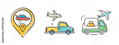 Icons showing airport pickup, car at location pin, and truck with airplane for logistics