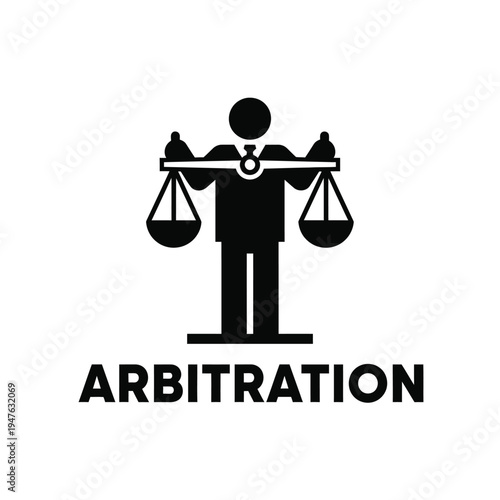 A stark black and white graphic depicts a figure holding balanced scales symbolizing justice and the concept of arbitration processes high quality professional detailed modern elegant