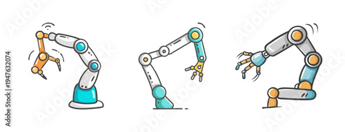 Set of robotic arms with grippers and claws, illustrating industrial automation and manufacturing