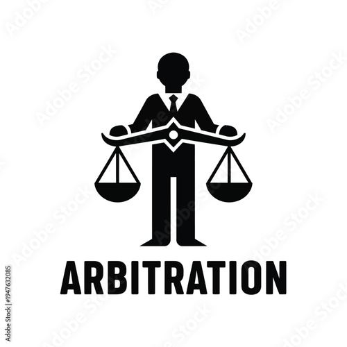 A stark black silhouette depicts a businessman holding scales of justice symbolizing arbitration and legal balance high quality professional detailed modern elegant stylish clean