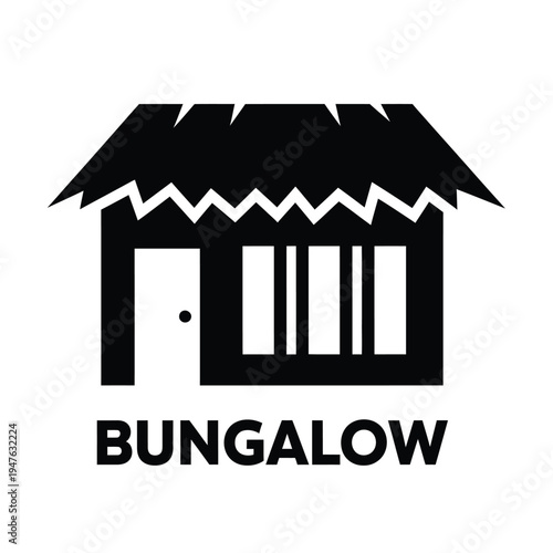 A minimalist black and white graphic depicts a simple bungalow structure with a sharply angled roof and text labeling high quality professional detailed modern elegant stylish
