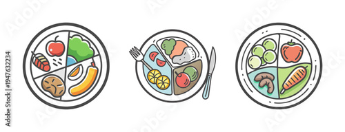Three hand-drawn icons of balanced diet plates with various food groups.