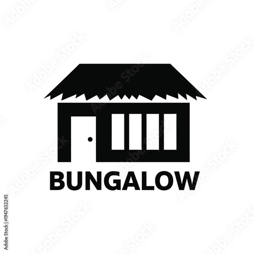 A minimalist black silhouette depicts a simple bungalow structure with a thatched roof and rectangular doorway labeled bungalow high quality professional detailed modern elegant
