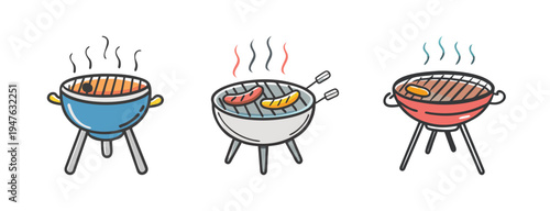Hand drawn BBQ grill icons with food and smoke for outdoor cooking and grilling