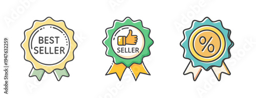 Collection of three hand-drawn best seller and percentage sale badges with ribbons