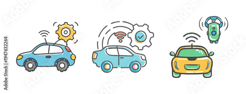 Autonomous car icons with gears and Wi-Fi signals, illustrating self-driving technology and connectivity.