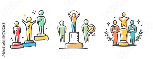 Hand-drawn icons representing awards ceremony, success, and achievement.