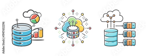 Set of three hand-drawn big data and cloud computing icons with servers