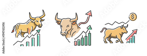 Bull market icons with rising stock charts and dollar sign for financial growth