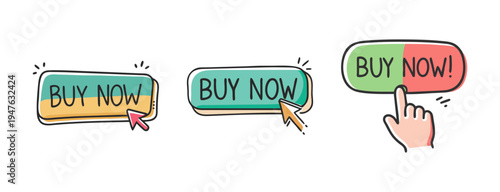 Buy now button icons with cursor and hand for online shopping and e-commerce