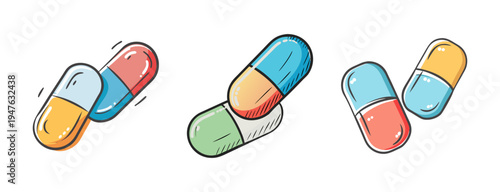 Hand-drawn capsules and pills in various colorful combinations, medical theme