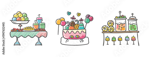 Whimsical candy buffet with colorful sweets, balloons, and desserts on tables