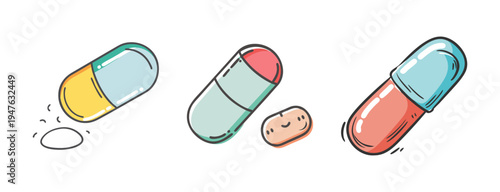 Drawn medical capsules and pills, some open with powder, representing healthcare