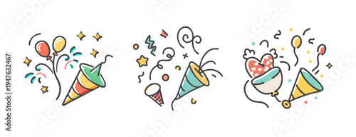 Hand drawn celebration icons with confetti, balloons, and party poppers for festive occasions
