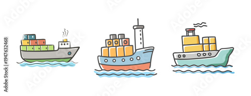 Set of three cargo ships sailing on wavy blue water, representing global trade