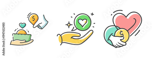 Hand drawn charity icons showing donation, care, and financial support for good causes