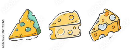 Three wedges of cheese icons with holes and mold, hand-drawn vector illustration