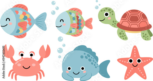 Cute Cartoon Sea Animals Set Featuring Fish, Crab, Starfish, Turtle, and Whale for Kids’ Illustrations and Nursery Decor