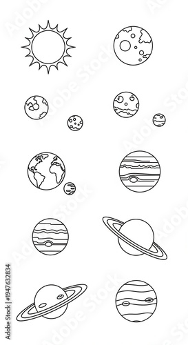 Solar System Planets Line Art Illustration for Educational Purposes.