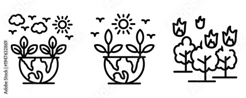 Set of 3 Outline Environment Icons Vector: Earth with Plants, Sun, Birds, Clouds, and Forest Fire